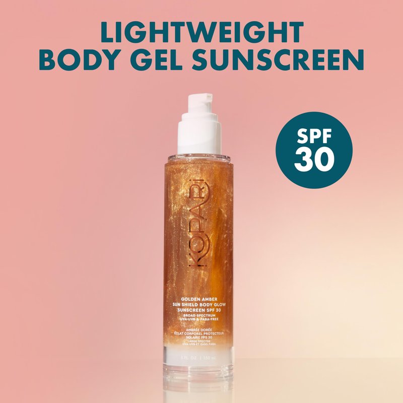 Kopari Sun Shield Body Glow, Broad Spectrum SPF 30, Lightweight Shimmering Gel Texture Absorbs Quickly, Non Sticky, Glowing Results, Golden Amber 5 oz