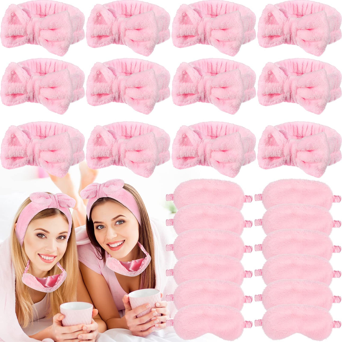 Jexine 24 Pcs Spa Slumber Party Headband Plush Sleep Eye Mask Bulk Bow Hair Band Makeup Headband for Sleepover Birthday Party Supplies Graduation Mother's Day Gift(Pink)