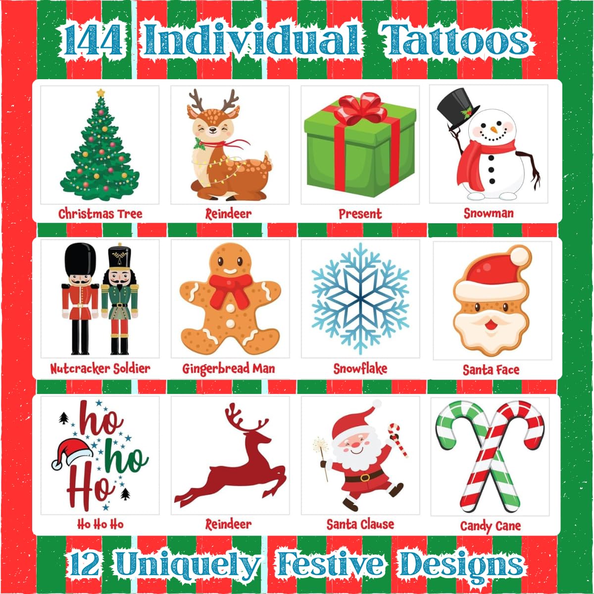 ArtCreativity Individual Christmas Tattoos for Kids - Set of 144-2 Inch Winter Holiday Temporary Tattoos in 12 Festive Designs - Classroom Christmas Party Favors and Stocking Stuffers For Kids