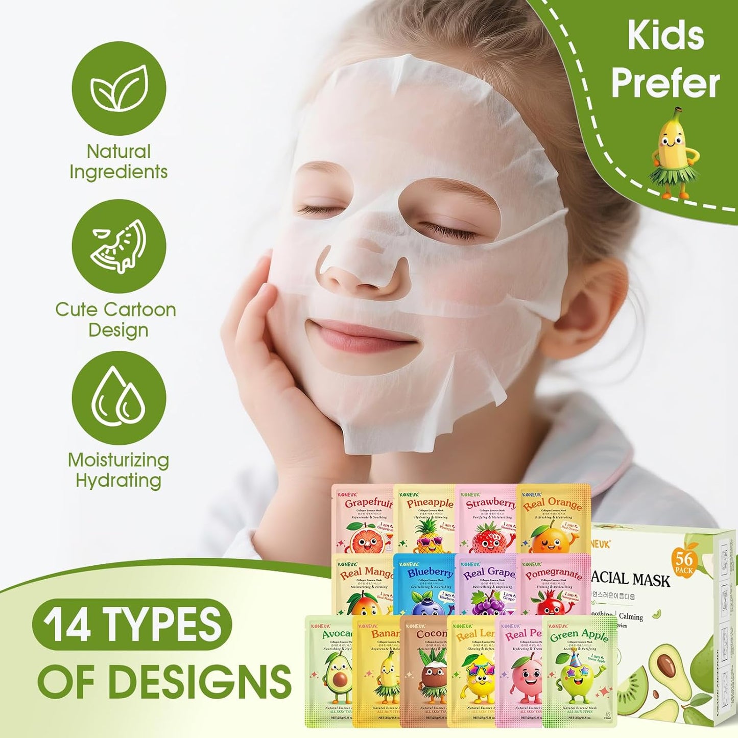 Fruit Collagen Face Masks - 56 Pack Hydrating Sheet Masks for Teens & Kids | Spa Gift Set for All Skin Types