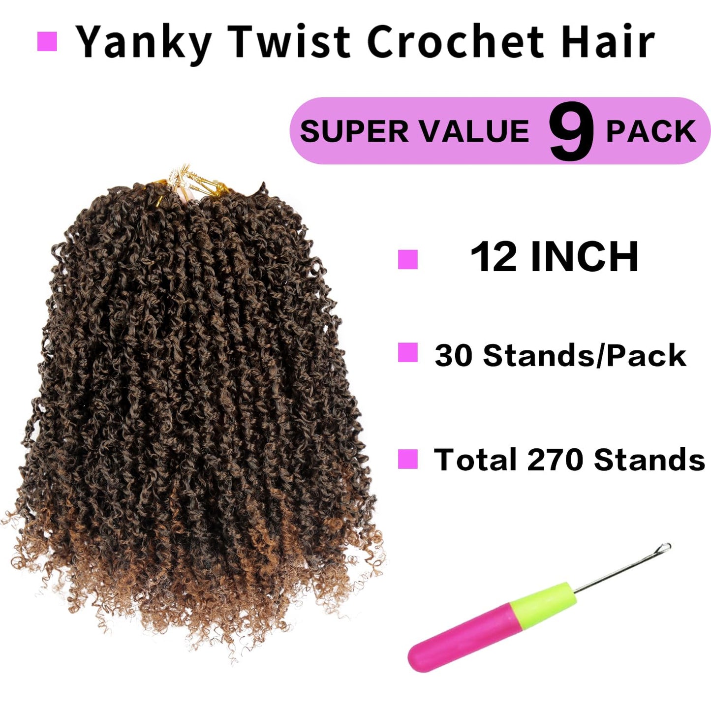 Yanky Twist Crochet Hair 9 Packs (270 Strands Total) 12 Inch Mini Twisted Crochet Hair,Synthetic Spring Twist Hair Short Passion Twist Hair Extensions For Women(1B30)