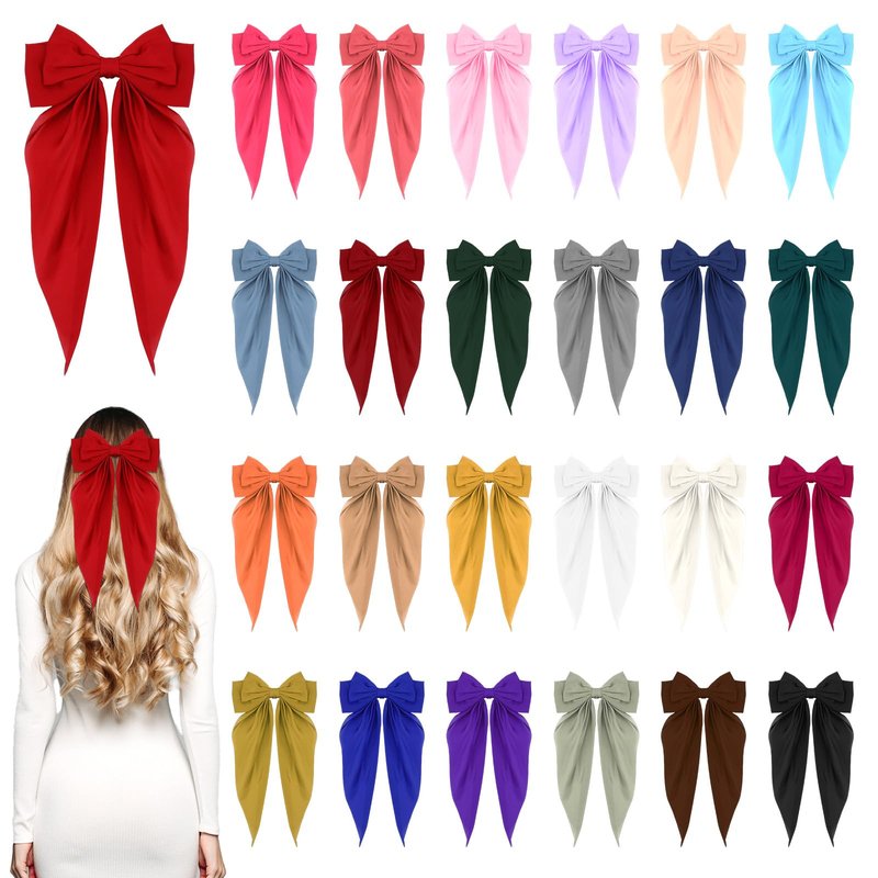 25 Pcs Hair Bows for Women, Big Hair Bows Satin Long Tail Clips for Elegant Hairstyles, Perfect for Weddings, Parties, Daily Wear