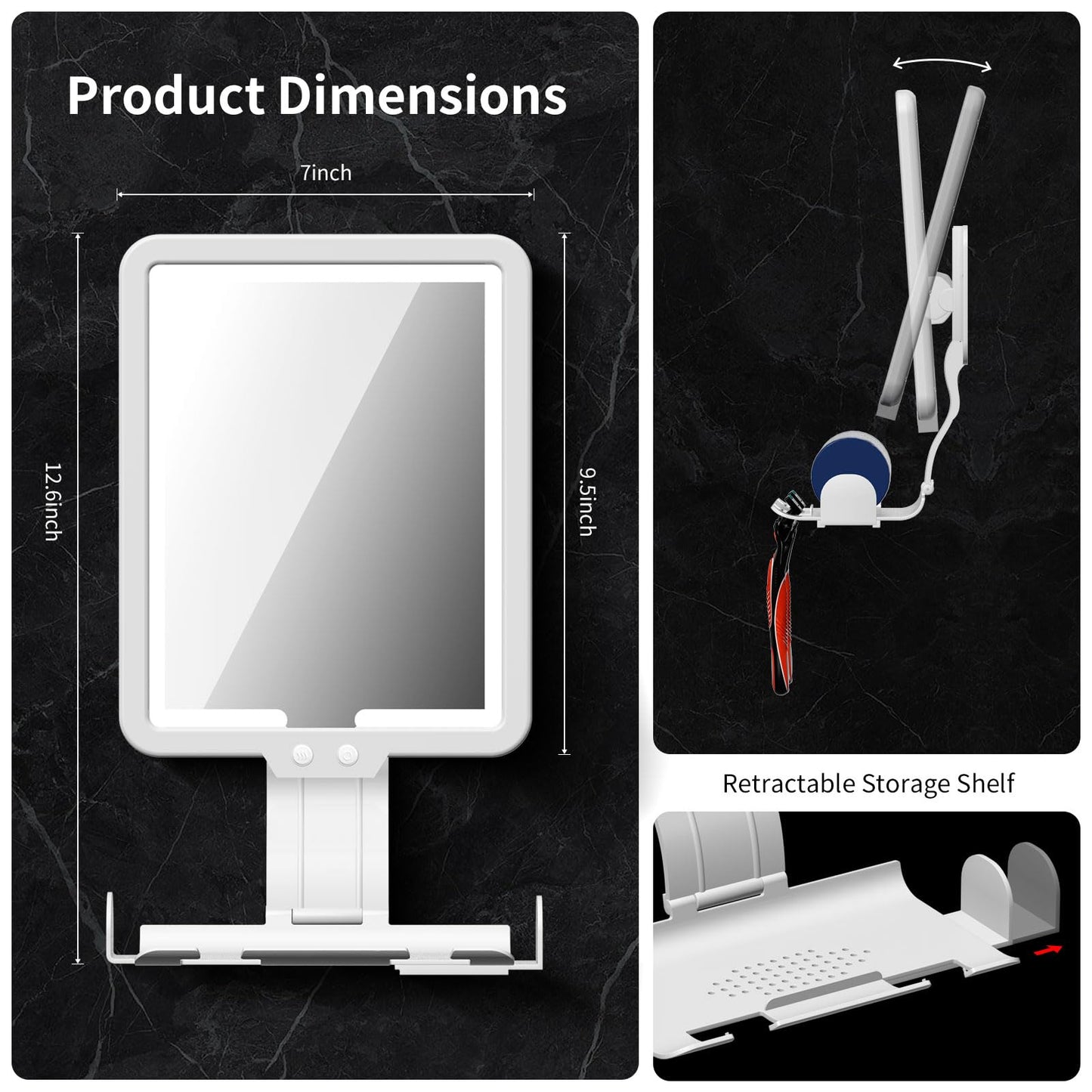 Junyaoxuan Heated Anti-Fog Shower Mirror, LED Shaving Mirror Fogless with 3 Color Modes, 9.5x8 Inch Dimmable, Hanging Rechargeable, Wall Mountable, Modern Frameless Rectangular Shower Mirror