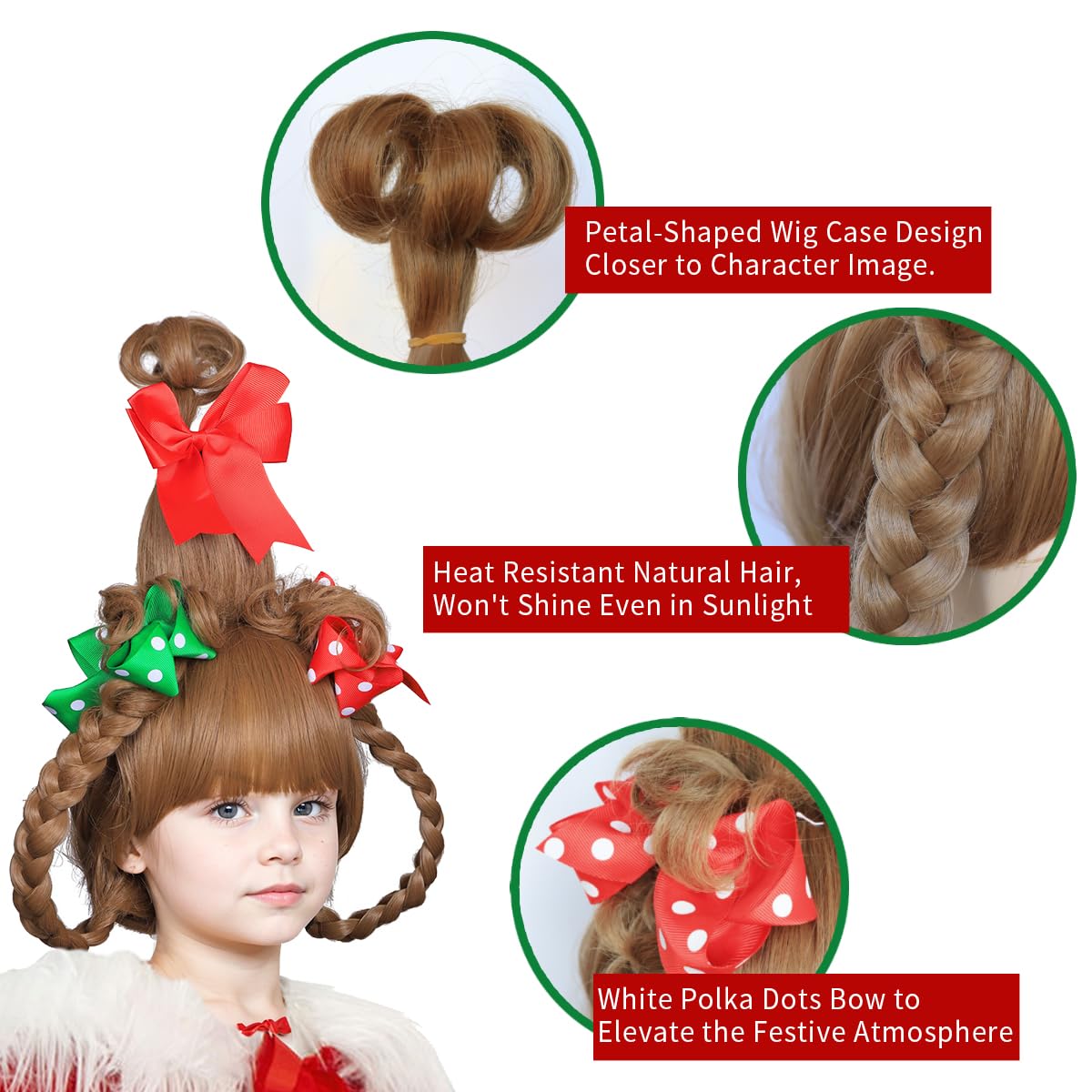 ColorGround Children's BLonde Braided Costume Wig with Red and Green Polka Dot Bows and Red Bead Necklace for Christmas Celebration Party(Blonde)