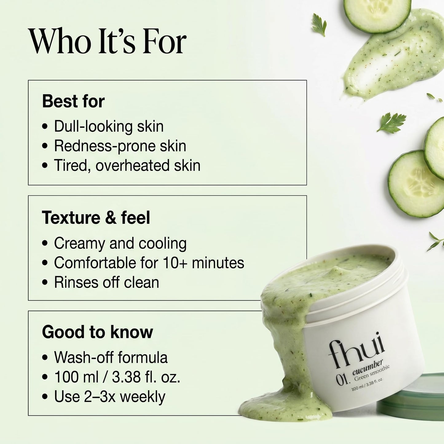 Cucumber Basil Face Mask Korean Skincare | Cooling Wash-Off Mask for Redness Relief & Sensitive Skin | Green Smoothie Mask with 3,500ppm Cucumber, Glutathione & 10 Types Hyaluronic Acid | K-Beauty