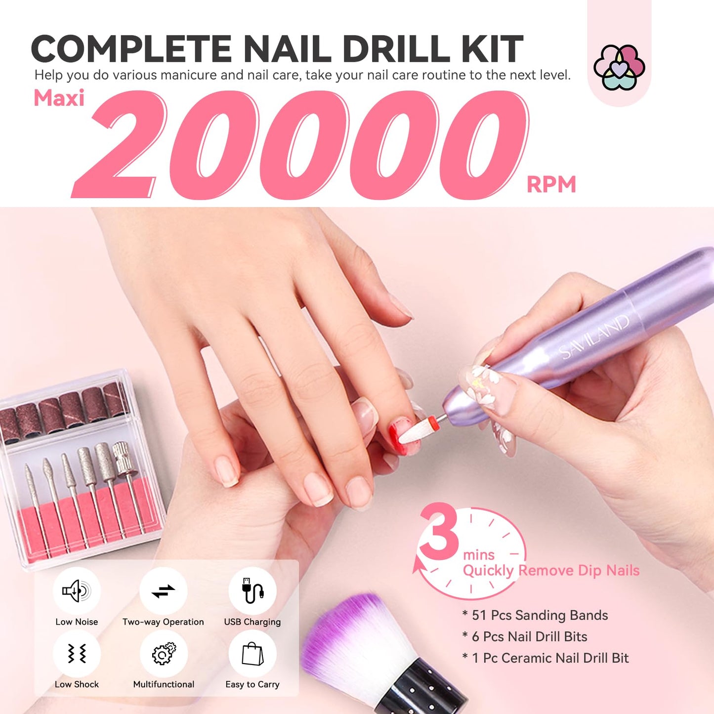 SAVILAND Dip Powder Nail Kit with Drill: 6 Color Winter Dip Nails Powder Starter Kit Pink Nude Glitter Clear with Liquid Set Base Top Activator French Manicure Beginner DIY Home Christmas Gift