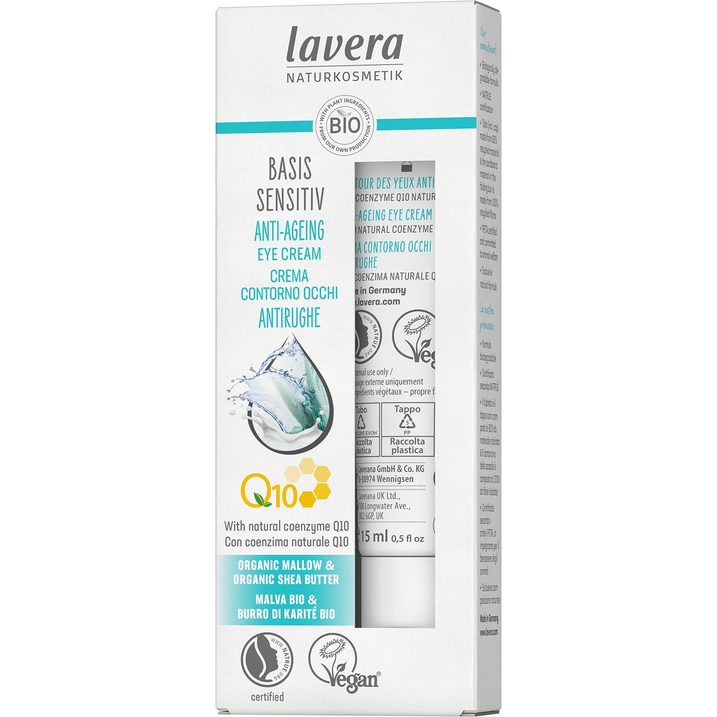 lavera Anti-Aging Eye Cream - with innovative natural composition of coenzyme Q10 - Organic Jojoba Oil & Aloe Vera to actively fight wrinkles - fine lines & signs of skin aging for under eyes – 0.5 Oz
