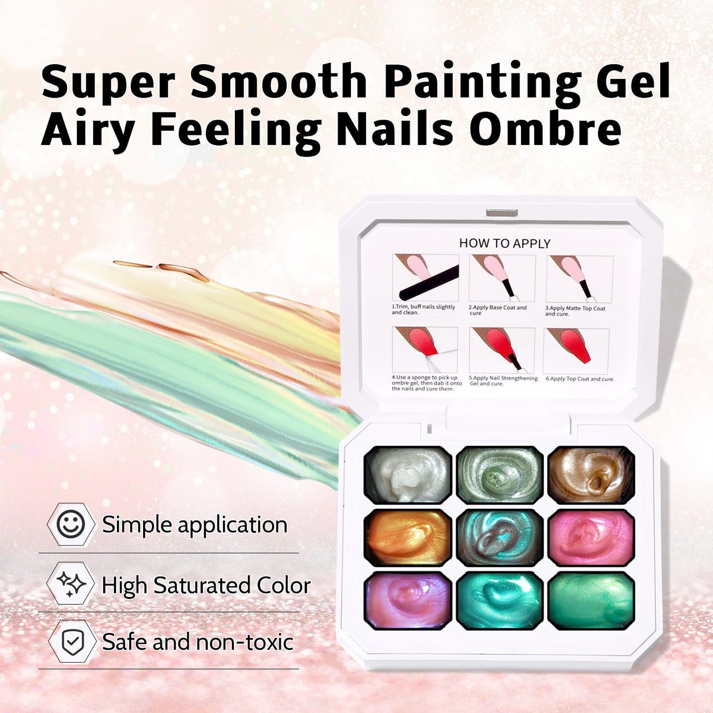 Ombre Nail Gel Set - 9 Colors Sponge Pat Paint for Floral Nail Art, No Wipe, UV/LED Curing