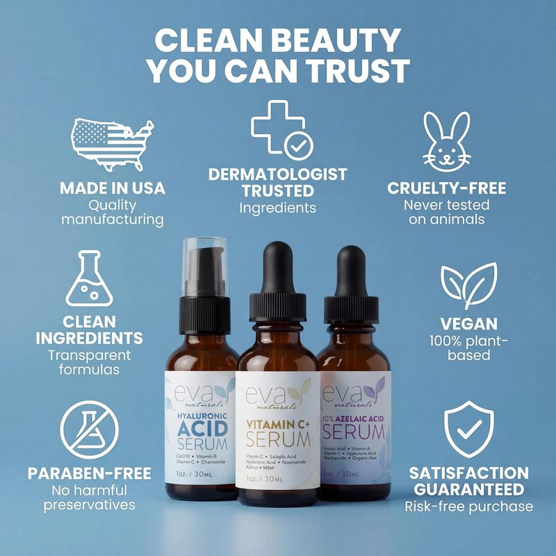 Eva Naturals Azelaic Acid Skincare Serum for Face – Facial Care with Niacinamide & Hyaluronic Acid Formula for Redness Soothing, Acne Breakouts, Uneven Skin Texture, Fragrance Free (1 Fl Oz)