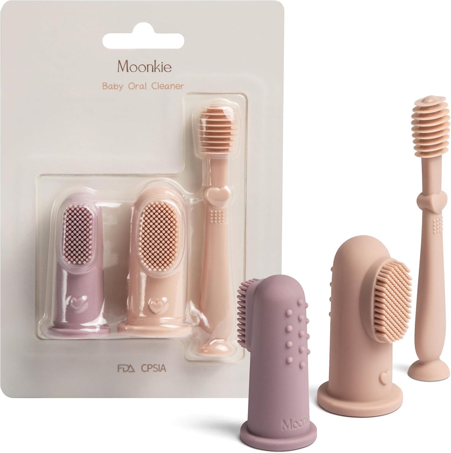 Baby Finger Toothbrush Kit - Moonkie Tongue Oral Cleaner for 3 Months+ | 3 Pcs in Blush/Pale Mauve