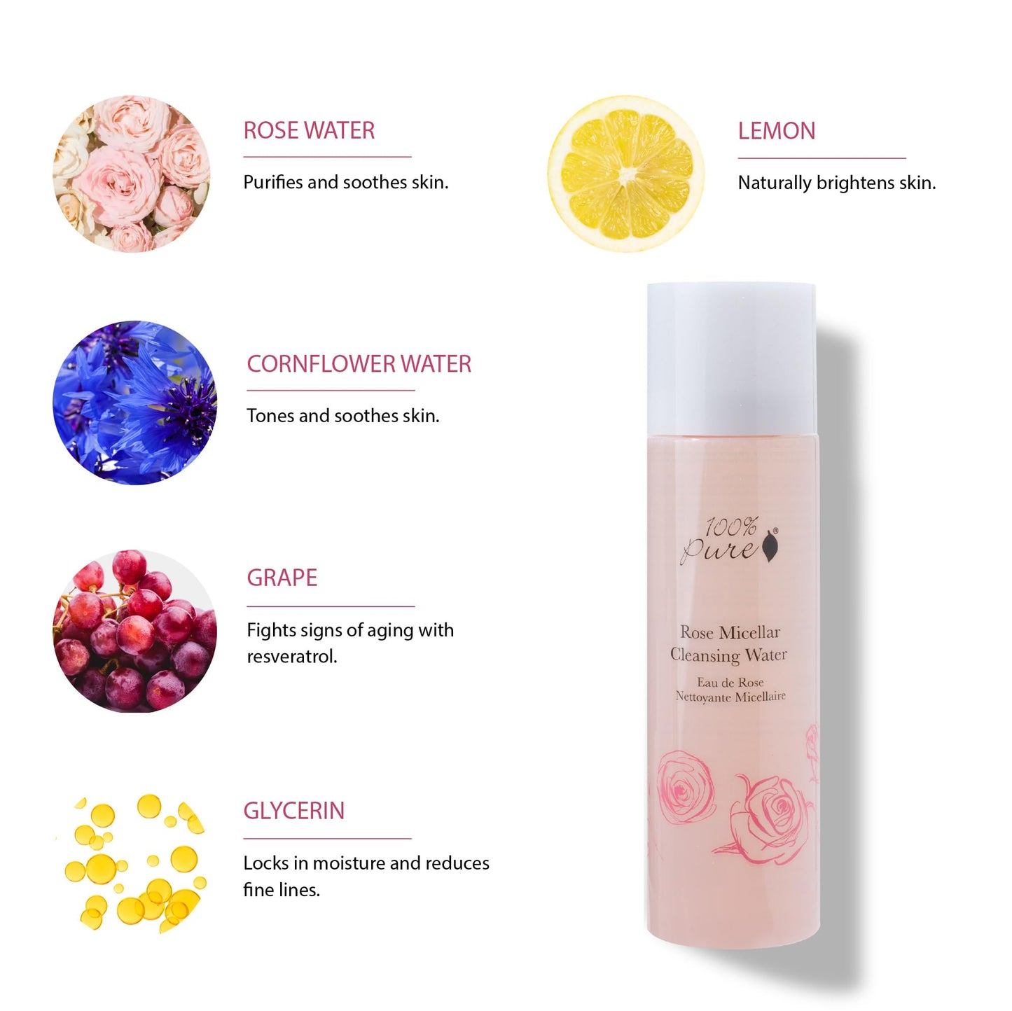100% PURE Rose Micellar Water – Hydrating First Step Double Cleanser & Travel-Ready Makeup Remover – Infused with Organic Aloe, Rose Hydrosol & Cornflower – No Water Needed, Alcohol-Free – 7.1 fl oz