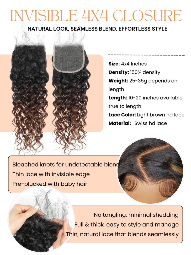 Anmetan 12A Ombre Chestnut Brown 4x4 HD Transparent Lace Closure Water Wave Human Hair, Chocolate Brown 3 Tone Colored T1B/2/30 Soft Unprocessed Remy Natural Hairline with Baby Hair 14 Inch Dark Roots