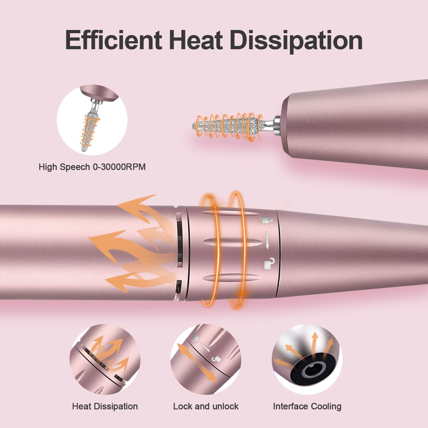 Professional Portable Nail Drill, 30000RPM Rechargeable Electric Nail File Machine Cordless E File Machine Set for Acrylic Nails for Remove Gel Polish Nail for Home & Salon Use,Pink