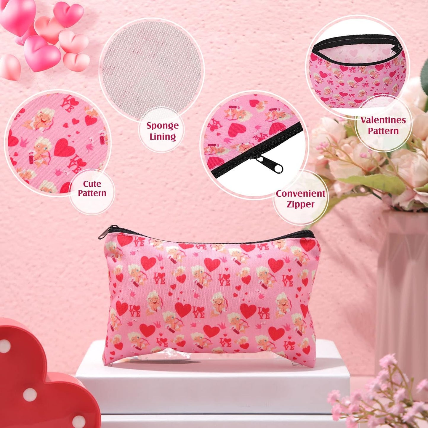 Reginary 14 Pcs Valentine Makeup Bag Set - Heart Cosmetic Bags for Women | Pink & Red Travel Pouches with Zipper