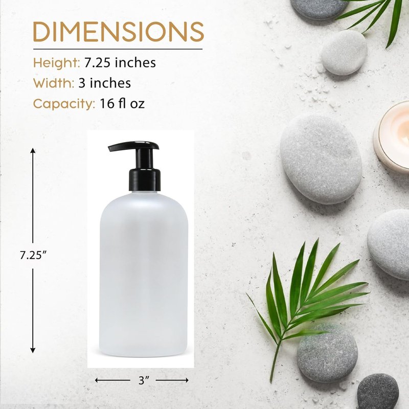 Refillable 16 oz PET Plastic Bottles - Set of 4 with Lotion Pumps for Shampoo, Body Wash & More | Drip-Free, Rust-Free (Frosted Clear)