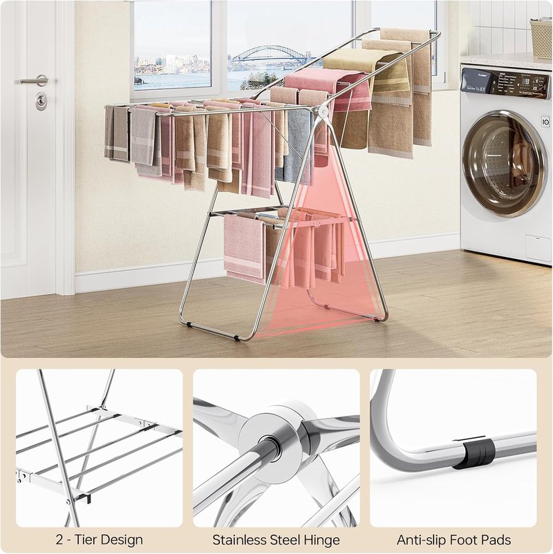 Folding Clothes Drying Rack - Stainless Steel, Height-Adjustable, Space-Saving | Indoor/Outdoor Use, Chrome Finish