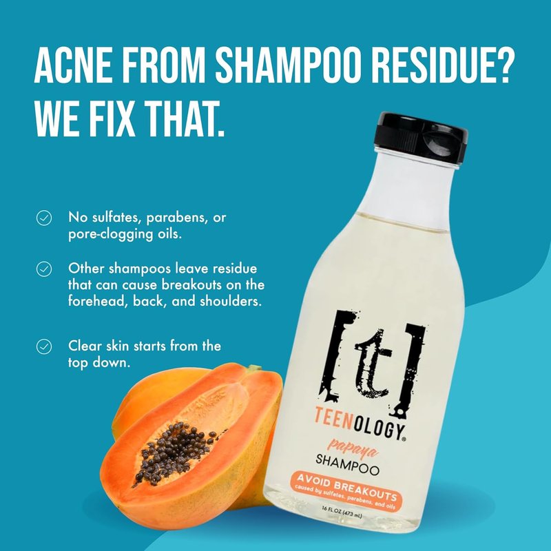 Teenology Teen Shampoo - Non-Comedogenic Formula for Clear Skin & Healthy Hair | 16 oz - Papaya