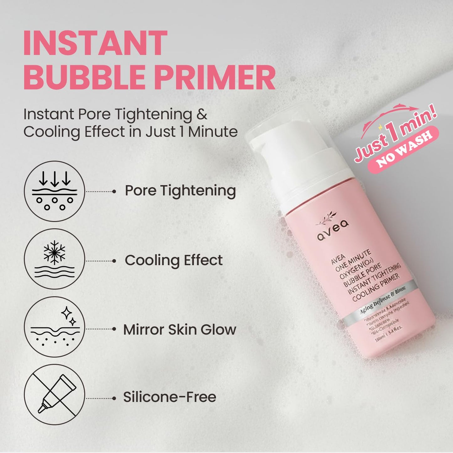 AVEA 1 Minute Bubble Primer – Smoothing, Hydrating & Illuminating Makeup Base with Niacinamide & 12 Peptides, K-Beauty Instant Primer for Radiant, Pore-Refined & Glow Skin, 3.38 fl oz / 100ml