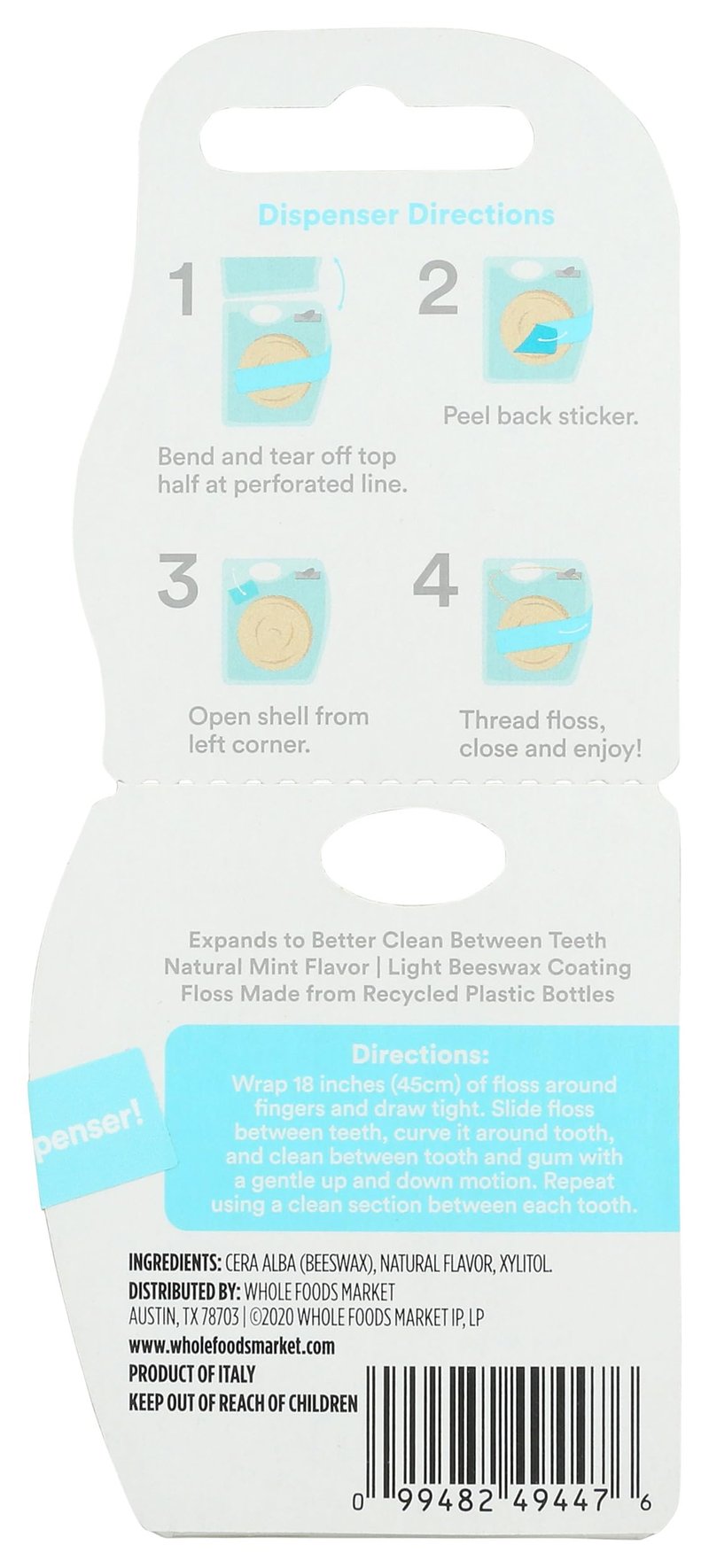 365 by Whole Foods Market, Expanding Dental Floss, Natural Mint Flavor with Beeswax Coating, 55 Yds