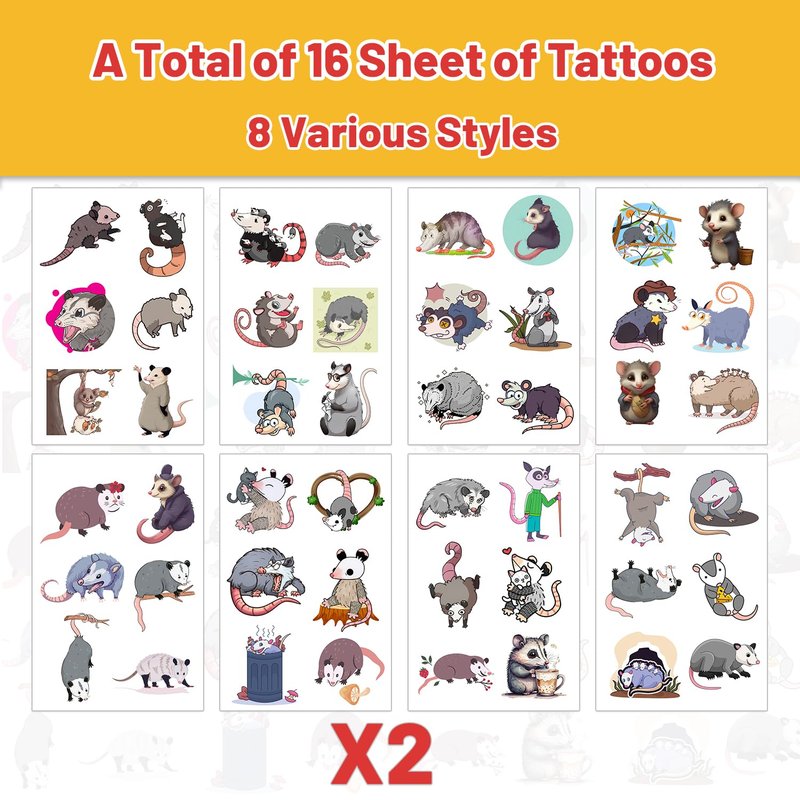 16 Sheets Possum Temporary Tattoos, Fun Opossum Stickers for Kids, Party Favors, Birthday Decorations, Classroom Rewards