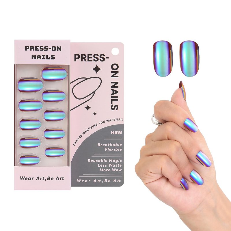 Short Almond Press On Nails - Bright Purple Electroplated Glossy Finish | 24 Nail Kit in 12 Sizes