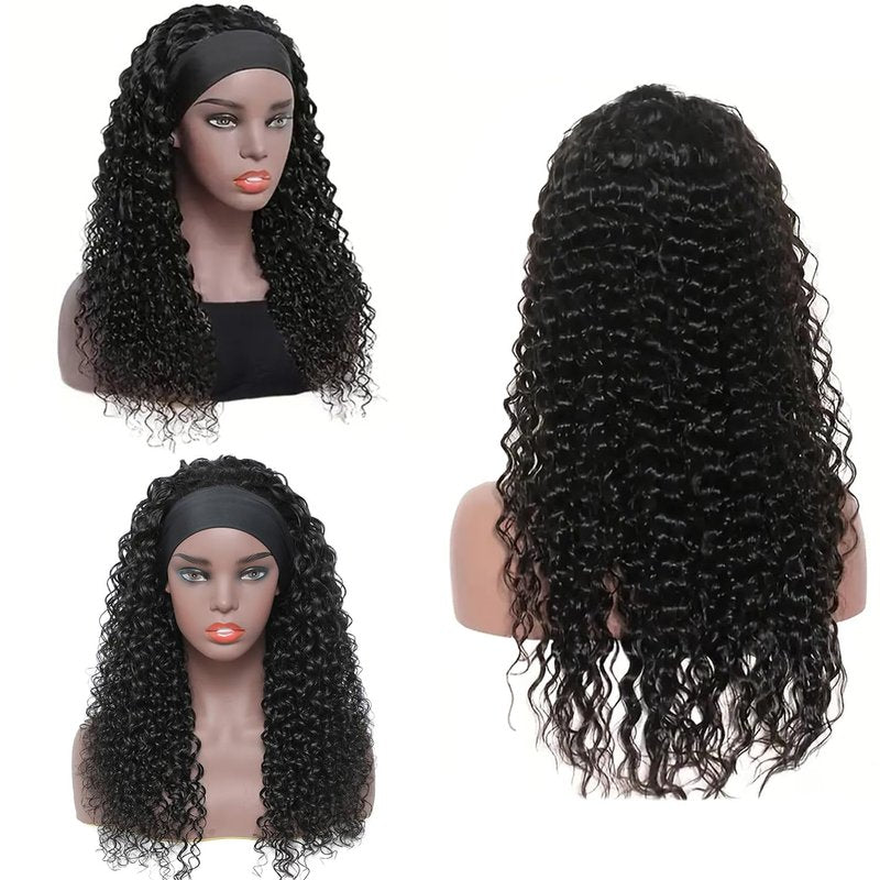 Bellarayine Deep Wave Human Hair Headband Wig 12 inch Non Lace Front Wig Machine Made Wigs Glueless Curly Hair Headband Half Wigs for Black Women Natural Color