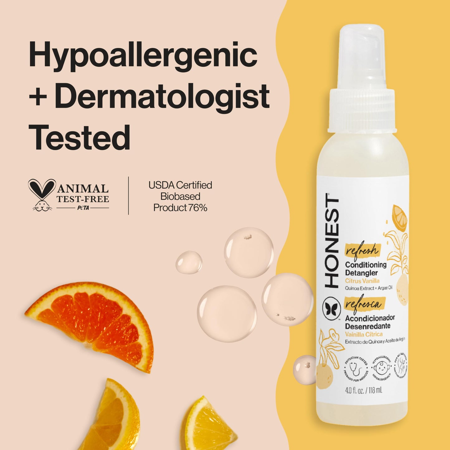 The Honest Company Conditioning Hair Detangler, Tear-Free, Hypoallergenic, Leave-In Conditioner and Fortifying Spray, Citrus Vanilla Refresh, 4 fl oz