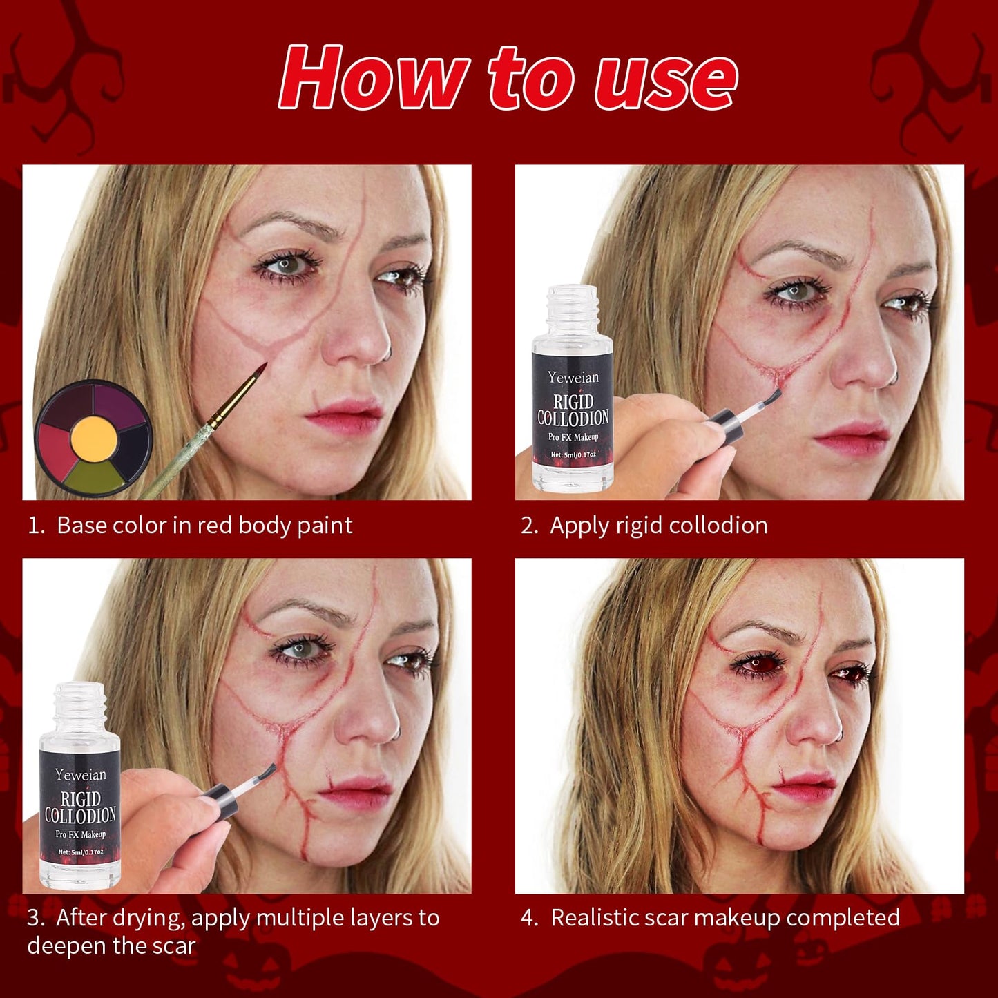 Yeweian Rigid Collodion with Brush and Remover Kit, Professional Scarring Liquid for SFX Makeup,Realistic Liquid Scar Fake Scars Makeup for Halloween Cosplay Costume Film(Scar Liquid 5ml+30ml Remover)