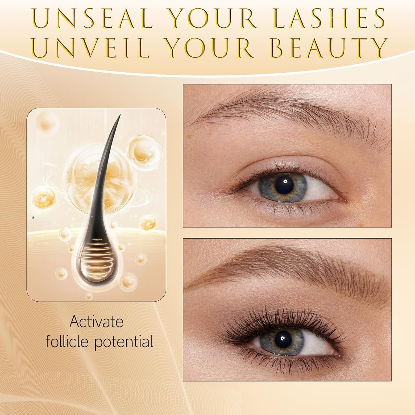 Eyelash & Eyebrow Growth Serum – 15 Plant Extracts for Longer, Denser & Fuller Lashes & Brows, Boosts Natural Hair Development,eyelash serum,Hypoallergenic Oil-Free,lash growth serum (PURE GOLD)