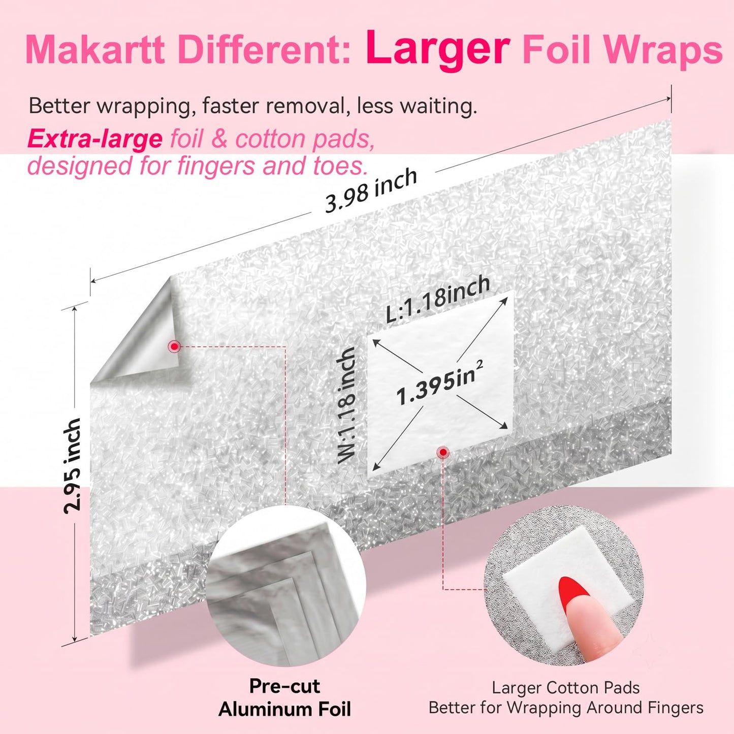 Makartt Nail Foil Wraps, 100PCS Soak Off Foils with Pre-Attached Larger Lint-Free Cotton Pads for Removing Gel Polish, Acrylic, Dip Powder, Builder Gel & Nail Glue