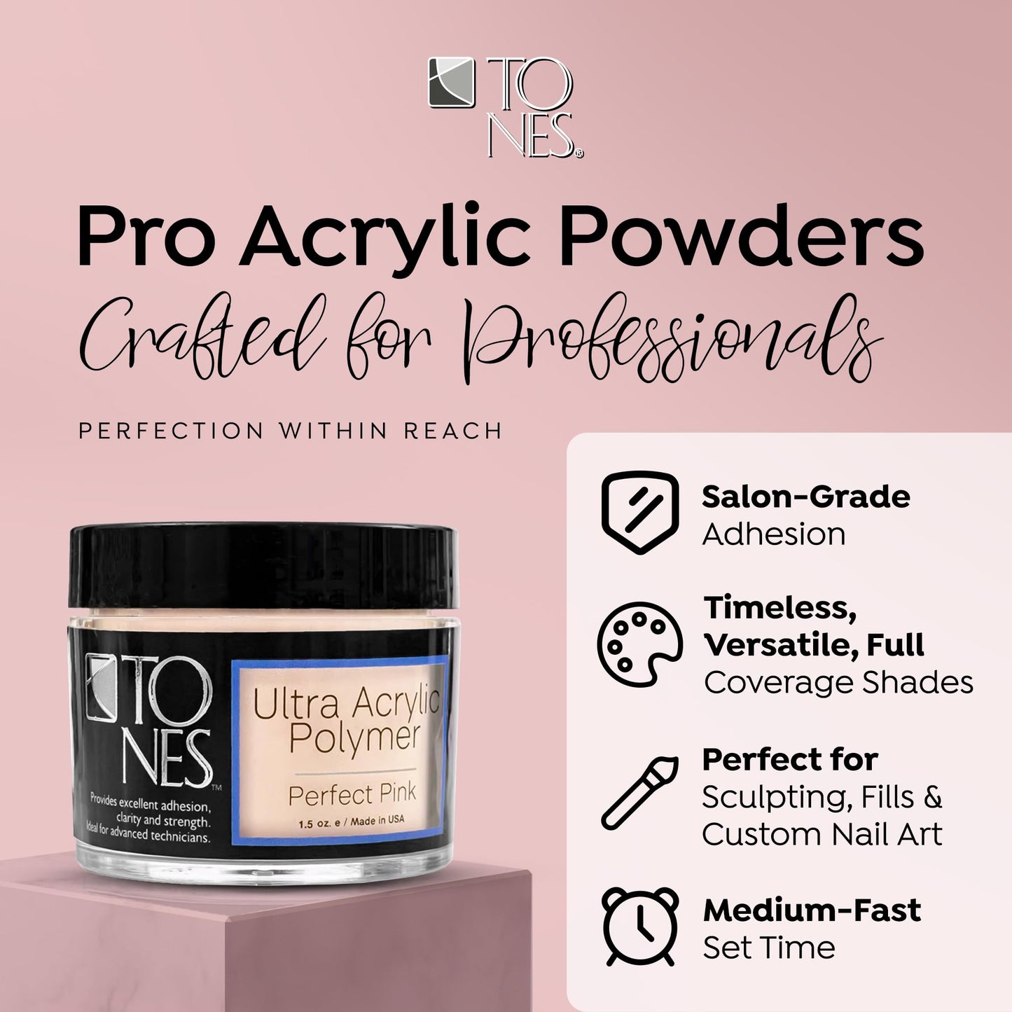 TONES Nail Art Acrylic Powder – Perfect Pink (Soft Pastel Pink) | Long-Lasting Non-Yellowing Polymer | Salon & Home Extensions, Sculpting & 3D Art | USA Made (3.5 oz)