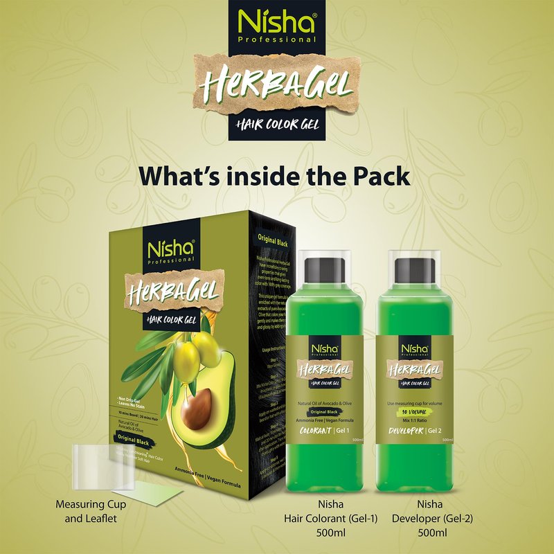 Nisha Herba Gel Hair Colour Gel, Original Black 100ml + 100ml | No Ammonia, No Stain, Non-Drip Vegan Formula | Permanent Hair Colour & Hair Dye | 100% Grey Coverage & Long-Lasting Shine