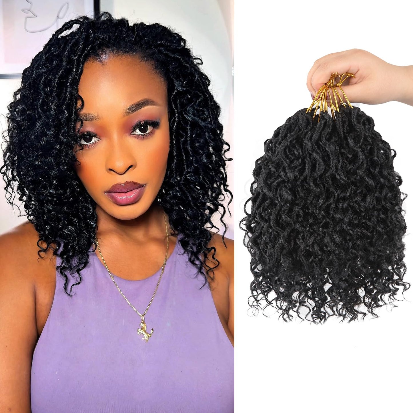 Vemet Goddess Locs Crochet Hair 8 Inch 9 Packs Faux Locs Synthetic Crochet Hair, Boho Style Pre looped crochet with Curly Ends 1B