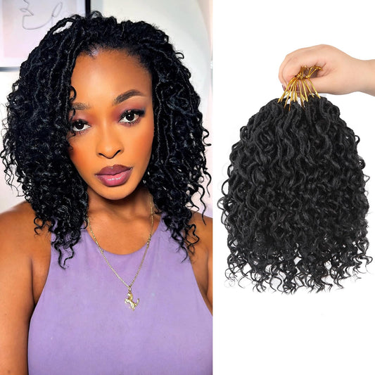 Vemet Goddess Locs Crochet Hair 8 Inch 9 Packs Faux Locs Synthetic Crochet Hair, Boho Style Pre looped crochet with Curly Ends 1B