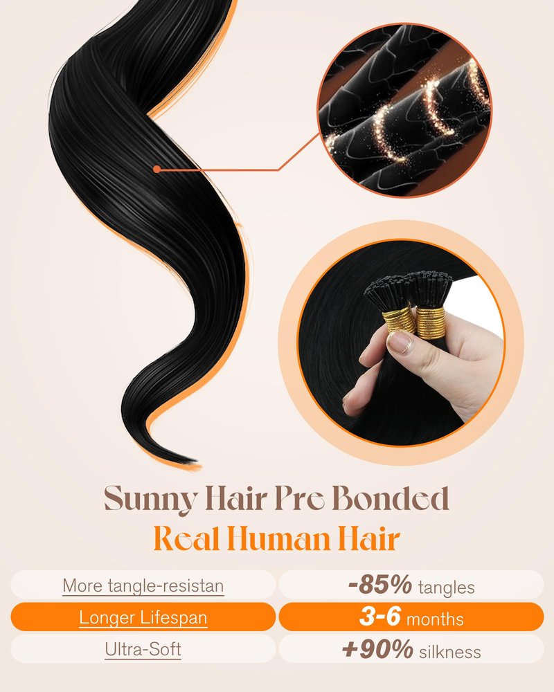 Sunny Hair 22 Inch Invisible I Tip Human Hair Extensions, for Parties and Weddings, Black, Soft, for Women with Thick Hair Seeking Length Without Bulk, Easy to Maintain 50g