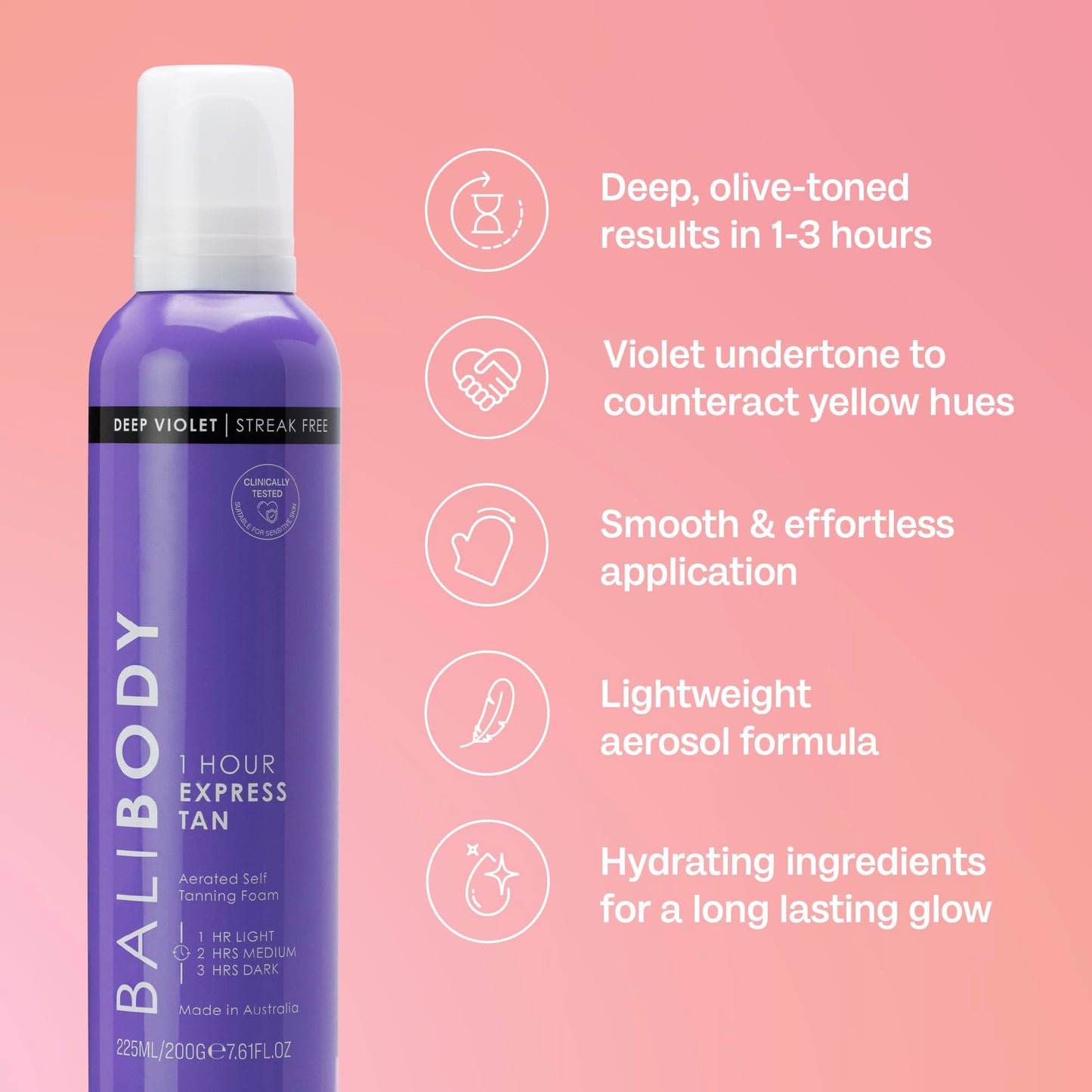 BALI BODY Deep Violet 1 Hour Express Self Tanner – Fast-Acting, Weightless Self Tanner for Natural Bronze – No-Transfer, Hydrating Quick Tan Mousse for Smooth, Radiant Skin