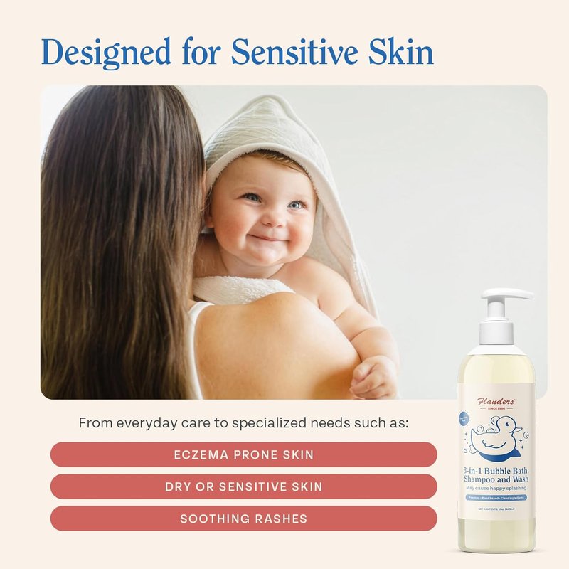 Flanders Baby Bubble Bath - Tear-Free 3-in-1 Shampoo & Body Wash | Hypoallergenic Cleanser with Jojoba, Coconut & Argan Oil | 15oz Pump Bottles, 2 Pack (30oz Total)