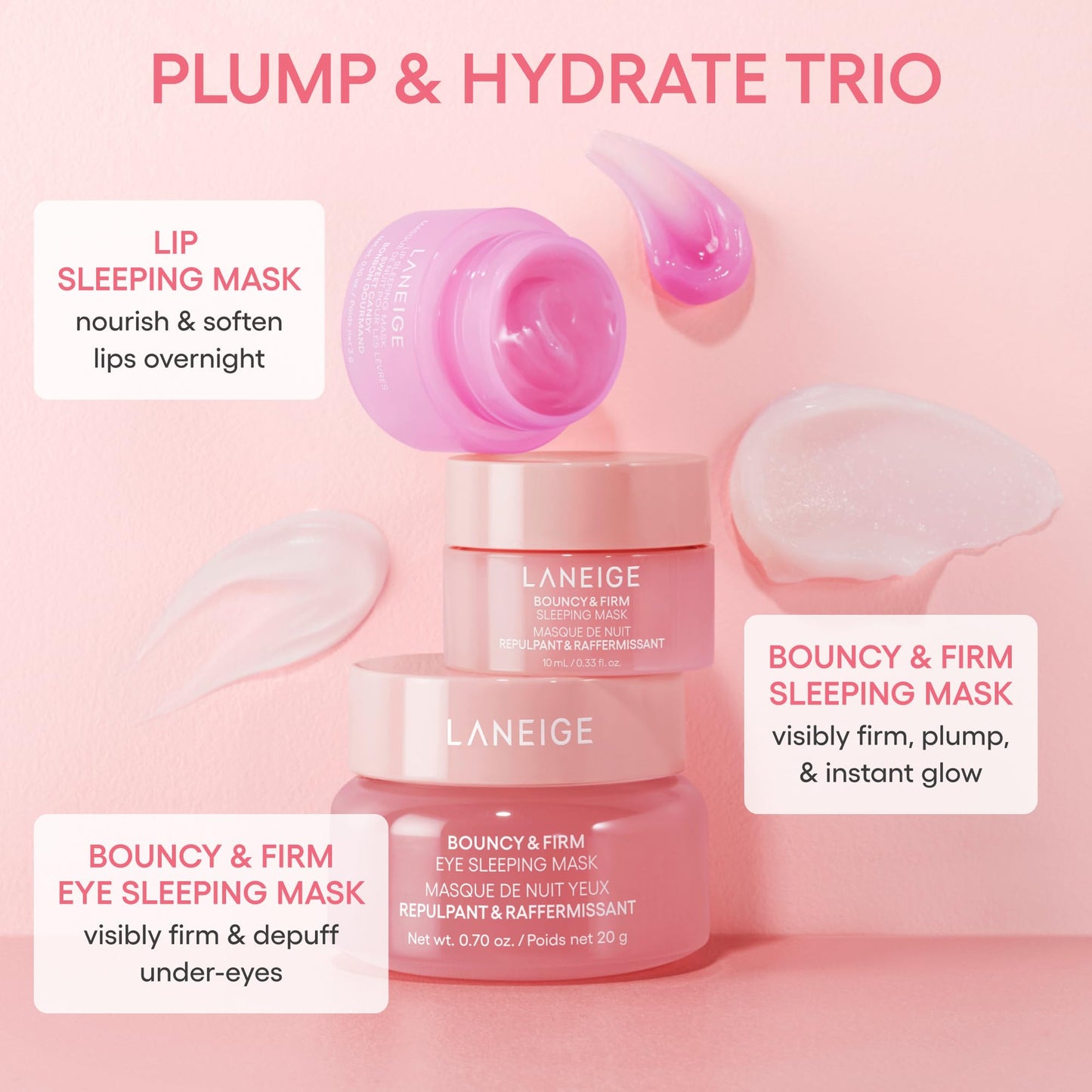 LANEIGE Plump & Hydrate Trio: Bouncy & Firm Travel-Sized Skincare Set with Eye, Face, & Lip Sleeping Masks for Glowing, Firm, & Hydrated Skin