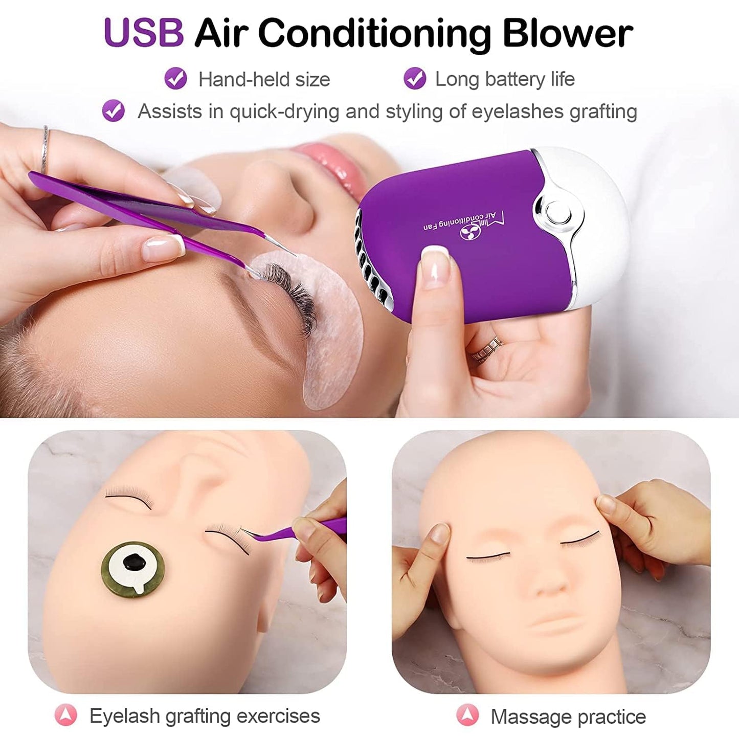 Eyelash Extension Practice Kit - Complete Training Set for Beginners | Mannequin Head, Lash Fan, Shampoo, Adhesive & Mirror (Purple)