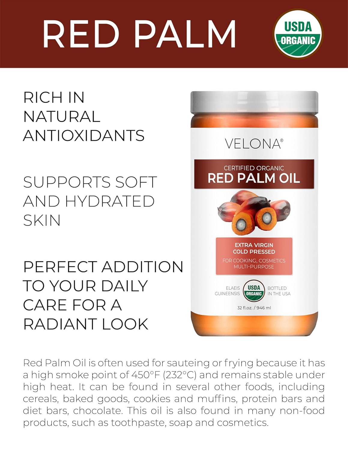 Organic Red Palm Oil - USDA Certified, Extra Virgin, Cold Pressed | 32 Fl Oz Jar for Skin, Face, Body & Hair Care