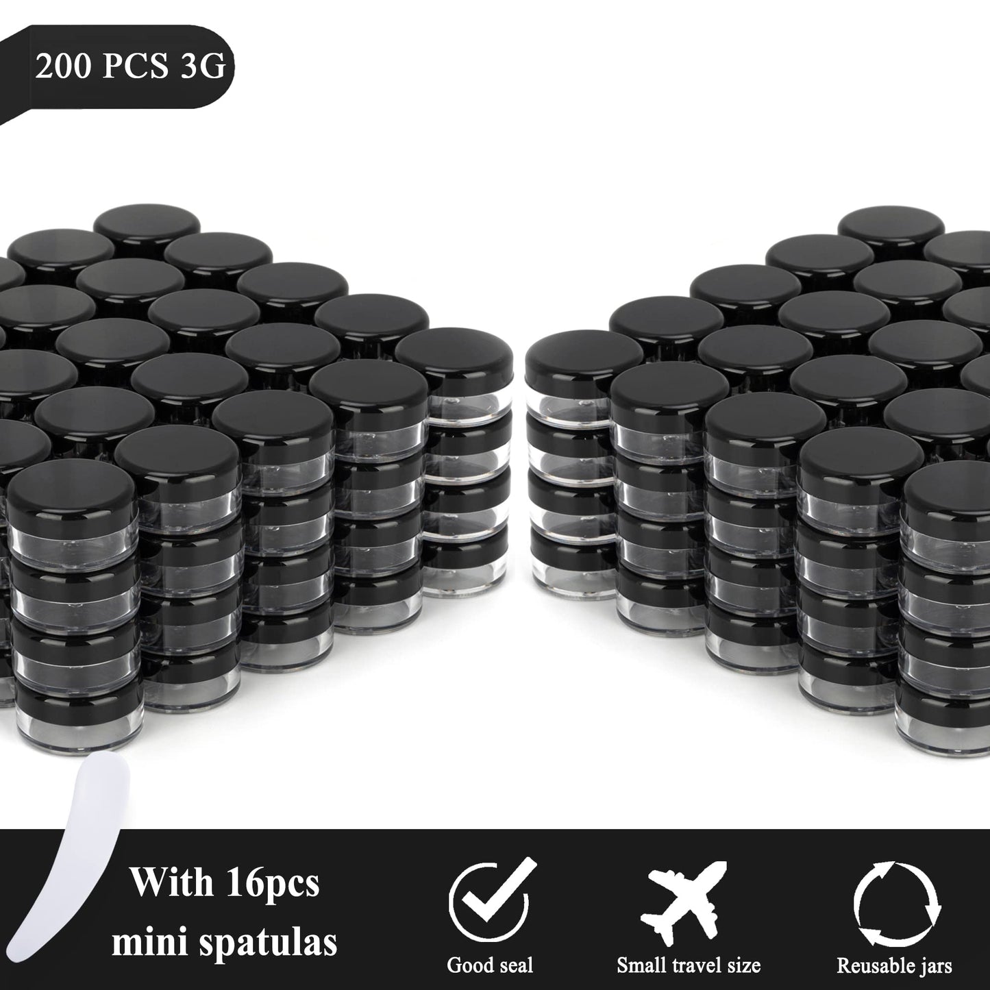 200PCS 3 Gram Sample Containers, 3ml Empty Jars with Lids, Small Cosmetic Containers, Mini Sample Jars with 16PCS Mini Spatulas for Make Up, Oils, Lotion, Powder, Paint, Jewelry, Lip Balms(Black Lid)