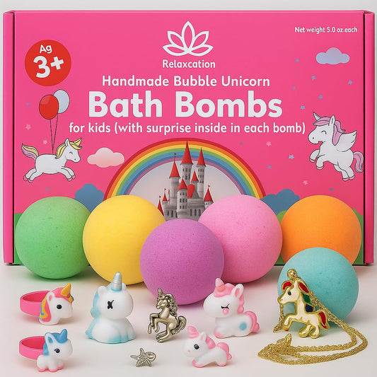 Organic Unicorn Bath Bombs for Girls with Surprise Toys Inside for Kids | Cute Unicorn Ring, Keychain, Necklace, Toys and Bonus Unicorn Purse - Christmas Gift Set Bath Balls with Unicorn Toys Inside