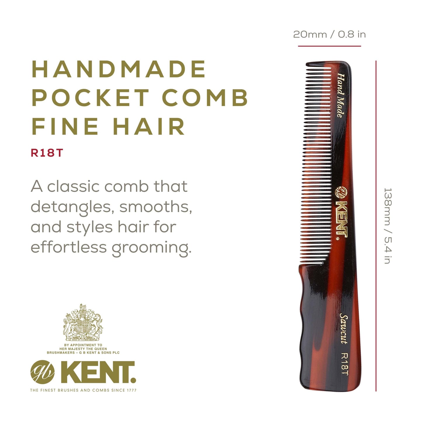 Kent R18T Fine Tooth Comb for Men with Ergonomic Thumb Grip - Handmade Large Hair Comb for Styling, Saw Cut and Hand Polished, Made in England (5.4")