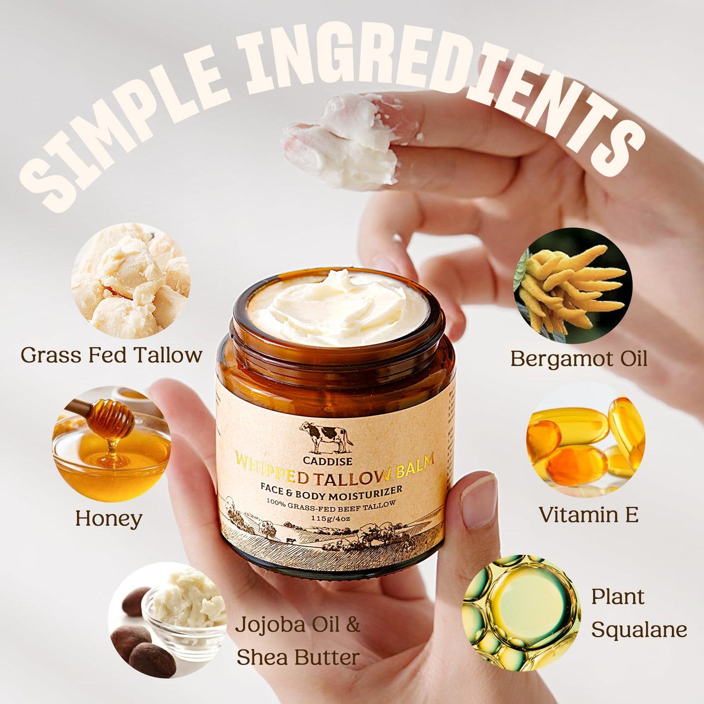 CADDISE Whipped Beef Tallow for Skin-100% Grass-FedHandmade Cream Moisturizer for Face & Body, Natural witHoney, Shea Butter, Jojoba Oil, Non-Greasy, Nourishing fo!Men, Women, Kids, 4 Oz(2 Pack)