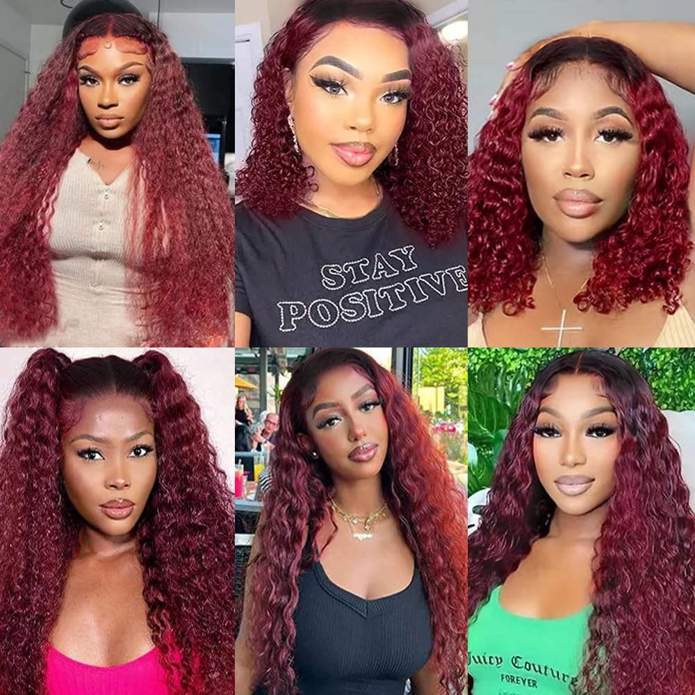 Ombre Burgundy Bundles Human Hair 1B99J Burgundy Deep Curly Bundle 12 14 16 Inch Ombre Loose Deep Wave Human Hair Bundles Unprocessed Brazilian Hair Extensions Double Weft