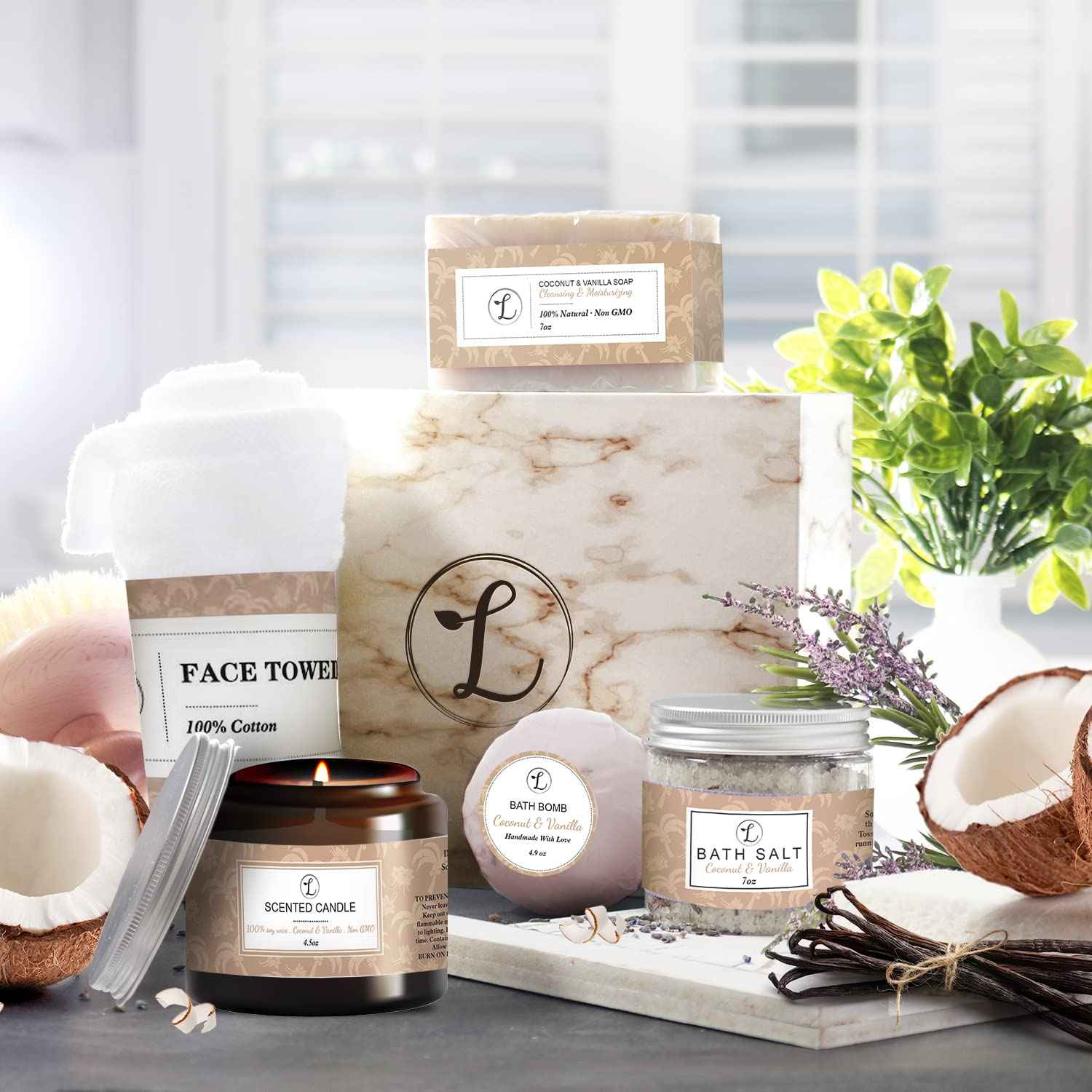 Spa Gift Set, Natural Coconut & Vanilla, Gift Box Includes: Bath Bomb, Bath Salt, Hand Soap, Scented Candle, Face Cloth and Gift Box. Best Gift for Her.