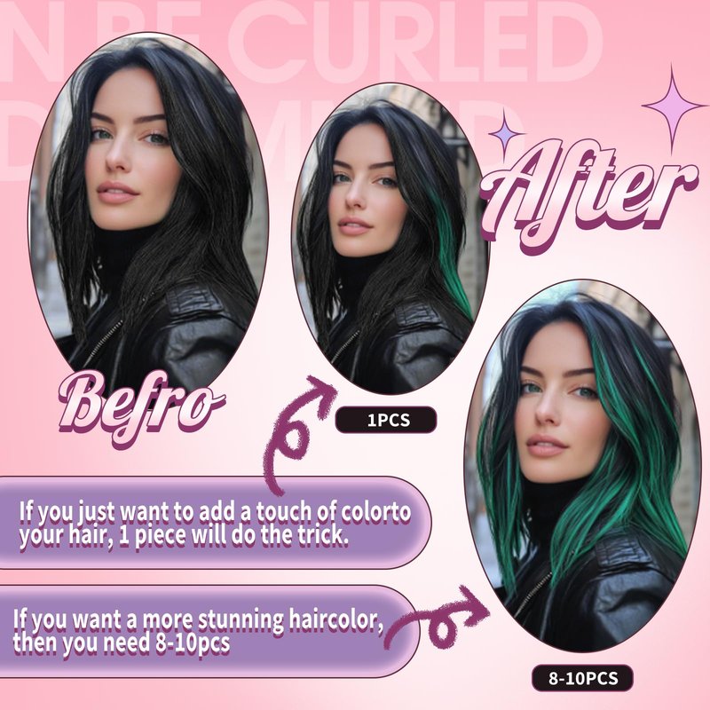 EonLuxe 100% Human Hair Clip-in Underlights - Colored Hair Extensions Highlights Streaks (Pink, Blue, Purple, Green, Silver) - Heat Friendly, Remy Quality, Invisible Clips, Easy to Apply 2Pcs