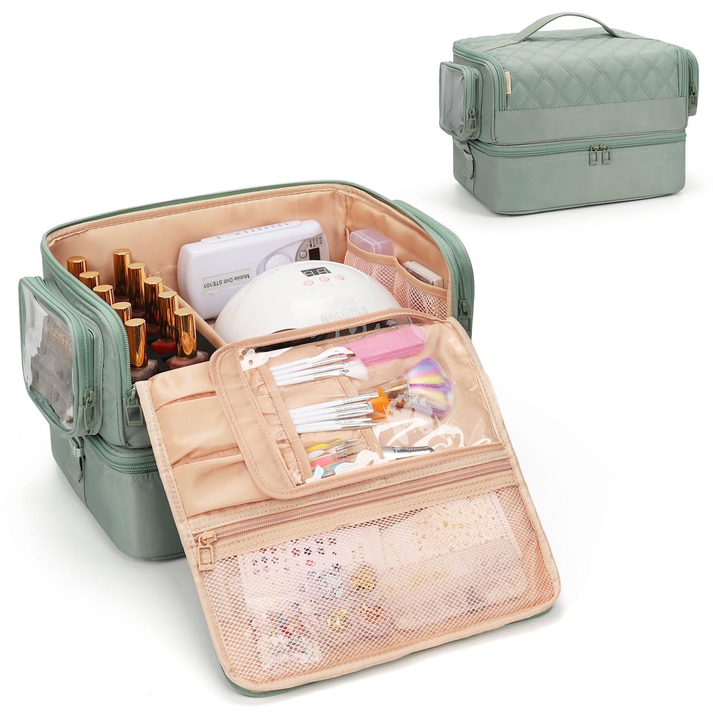 OCHEAL Nail Polish Organizer, Holds Nail Lamp and 45+ Bottles 2-in-1 Nail Polish Storage Case,Detachable Nail Techs Gel Kit Supplies Carring Bag for Manicurist Tools 45-Slot Nail Holder-Green