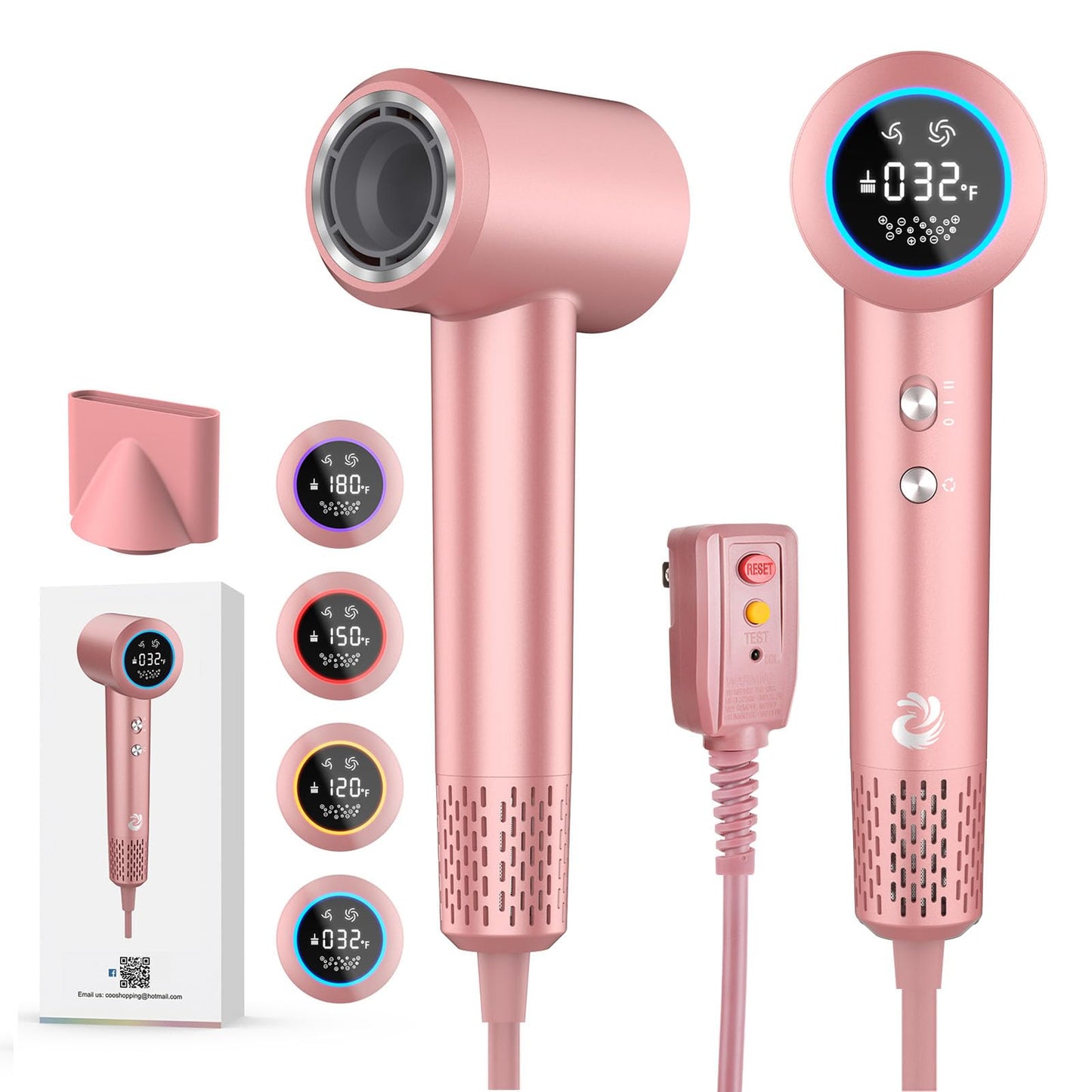 Hair Dryer, 1500W High Speed 110000 RPM Blow Dryer with Plasma Tech (Positive+Negative Ionic), LCD Display, 5 Modes, Thermo-Control, Low Noise, Fast Drying Hair Dryer for Home or Travel (Rose Gold)