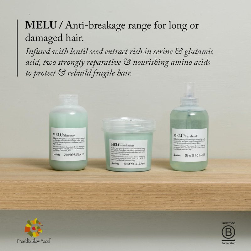 Davines MELU Shampoo, Elasticizing Anti-Breakage Gentle Cleansing Action for Long or Damaged Hair - Gives Lustrous, Reinforced, Shiny, and Soft Strands with Villalba Lentil Seeds, 8.45 Fl Oz